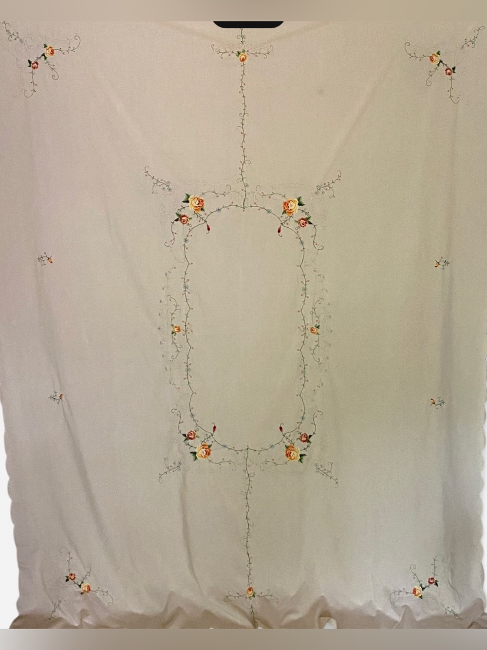 Vintage Cream Tablecloth with Yellow and Pink Rose Embroidery